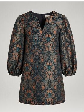 LOVELO / Teal and Copper Metallic Floral Puff-Sleeve dress/ Ptp-19”/ NWT